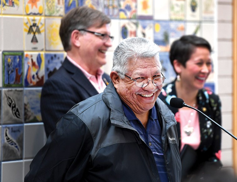 Lheidli T'enneh Chief Dominic Frederick cracks everybody up with a joke at a funding announcement for indigenous housing at CNC Tuesday morning. Citizen photo by Brent Braaten May 1 2018