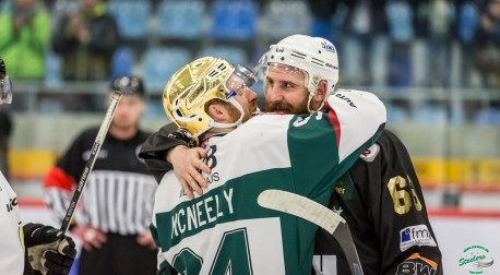 Burnaby native Tyler McNeely talks with an opponent during the Bietigheim Steelers' run through the Deutsch Ice Hockey League playoffs.