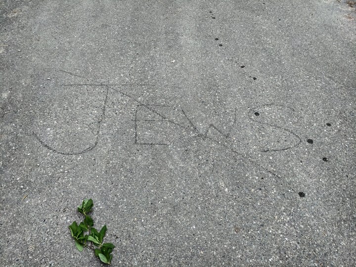 Anti-Semitic graffiti scrawled on a North Burnaby street remained for days after being reported to police, according to an area resident.