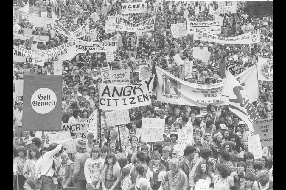 Operation Solidarity demonstration in downtown Victoria in July 1983. Photo Victoria Times Colonist