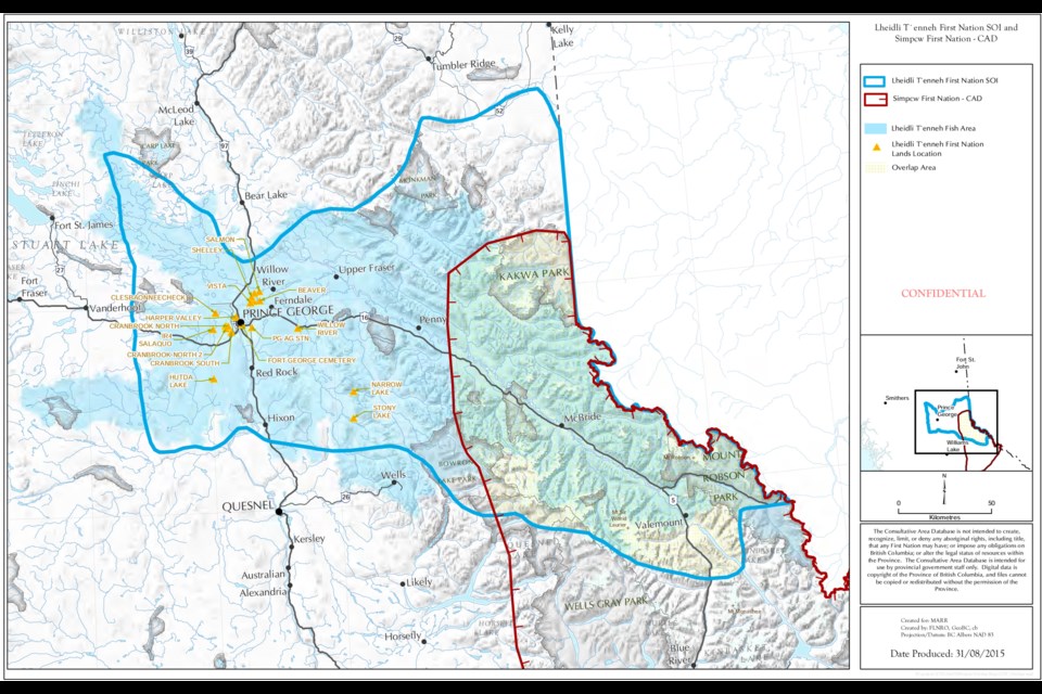 An overlay of the traditional hunting and fishing territory claimed by the Lheidli T'enneh (in blue) and the territory claimed by the Simpcw First Nation (in red). Image: Simpcw First Nation
