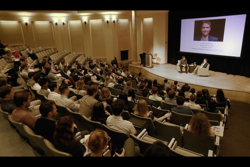 VICTORIA, B.C.: May, 11, 2018 - Stewart Butterfield, 2018 Distinguished Entrepreneur of the Year, and creator of Slack talks to a group of business students at the Victoria Conference Centre in VICTORIA, B.C. May 11, 2018. (ADRIAN LAM, TIMES COLONIST). For City story by Richard Watts.