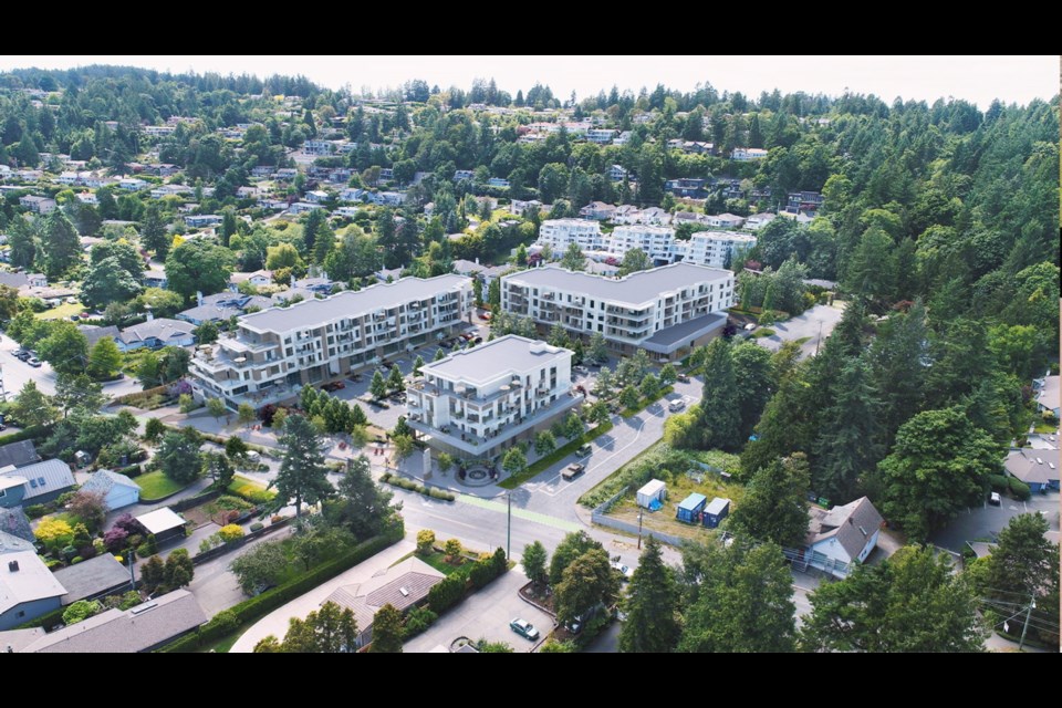 An aerial view of a four-storey condo-retail Cordova Bay development, which has been approved by Saanich council.