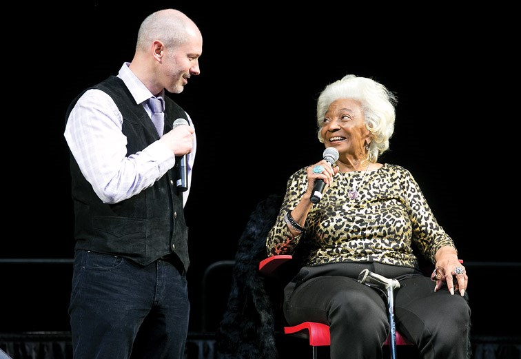 Nichelle Nichols gets interviewed by Frank Peebles on Sunday afternoon at CN Centre during an interview and Q&A session on the third and final day of Northern FanCon. Citizen Photo by James Doyle