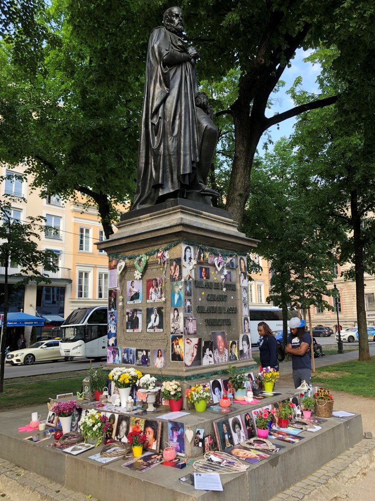 Since 2009, this statue of Orlande de Lassus has been home to a Michael Jackson memorial because it