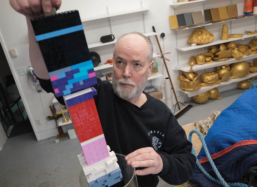 Douglas Coupland’s Lego towers – first showcased as part of a futuristic-looking cityscape in his 2013 solo exhibition at the Vancouver Art Museum – are repurposed and recycled for Vortex.