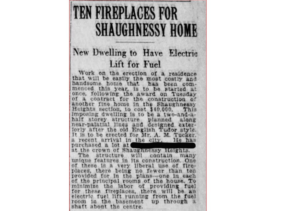 1921 newspaper article on Tuck house in Vancouver Daily World, Aug.10, 1921.