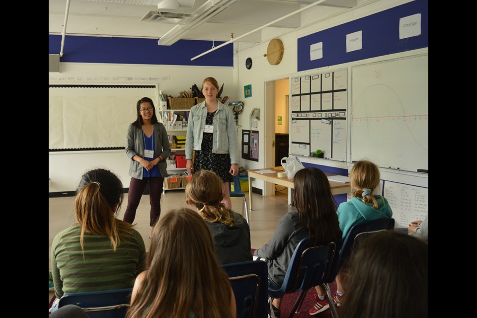 Facilitators Tessica Truong, left, and Veronika Bylicki, right, ask students what they'd like to see in a community.