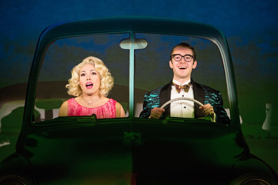 Jennifer Rider-Shaw as Janet and Sayer Roberts as Brad in the Stratford Festival production of The Rocky Horror Show.