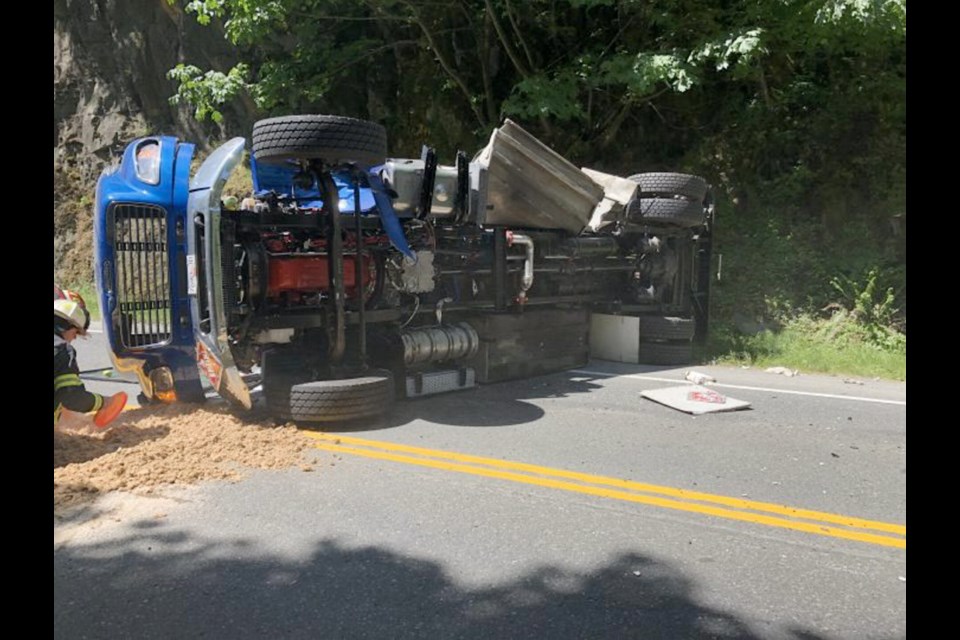 A tanker truck rolled over in Goldstream Provincial Park after a crash on May 24, 2018.