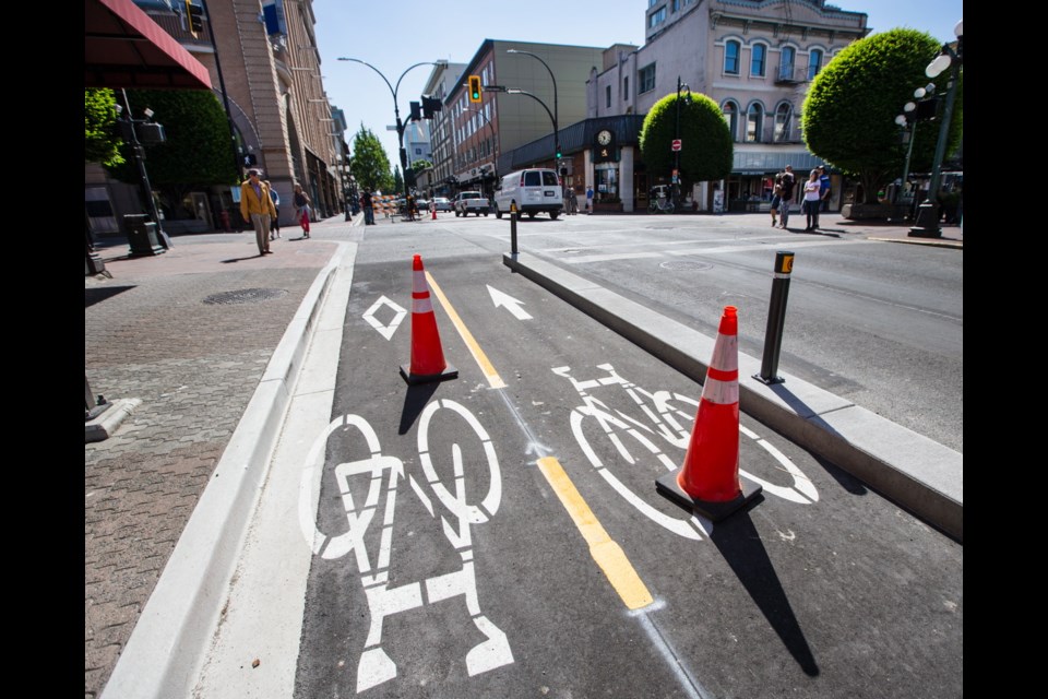 The new bike lanes on Fort Street are scheduled to open on Sunday, May 27, 2018. Councillors approved the next legs of the city's bike network — stretches on Wharf and Humboldt streets — at Thursday's council meeting.