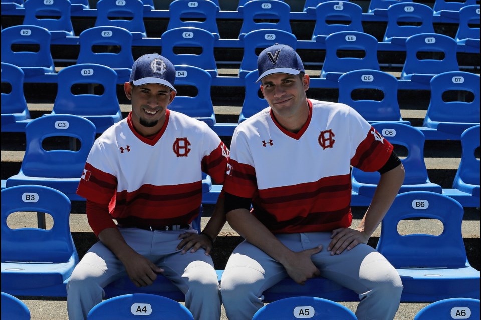 VICTORIA, B.C.: May, 23, 2018 - Some stock photos of Royal Athletic Park. In the photo are the Cuban pitchers Adriel Quesada Pe&ntilde;a (L) and Alejandro Ortega Lopez. VICTORIA, B.C. May 23, 2018. (ADRIAN LAM, TIMES COLONIST). For Islander story by Cleve Dheensaw.