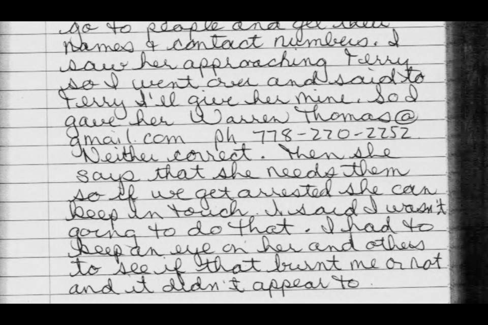 Notes from a private investigator hired to spy on anti-Trans Mountain Pipeline protesters have been filed with an affidavit in B.C. Supreme Court to support an application by Trans Mountain to amend a court injunction keeping protesters five metres away from its Burnaby terminals.