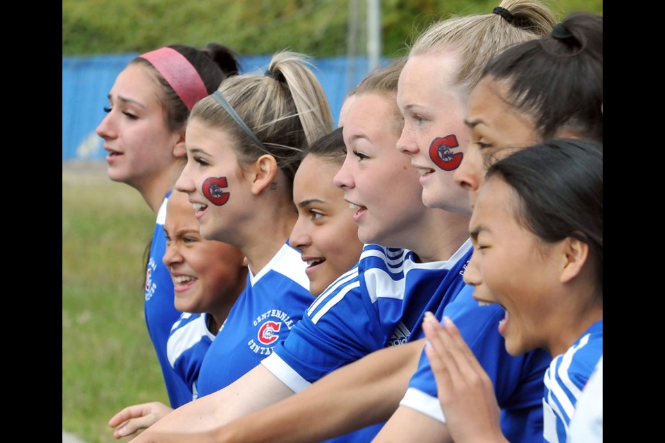 MARIO BARTEL/THE TRI-CITY NEWS
Players on Centennial's bench react as time winds down in their 1-0 overtime win over Fleetwood Park secondary school at the BC High School AAA senior girls soccer championship, Friday at UBC's Thunderbird Stadium.