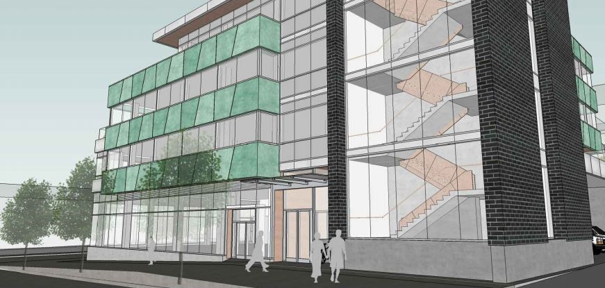 View of the proposed building's entrance. Rendering by Proscenium Architecture + Interiors Inc.