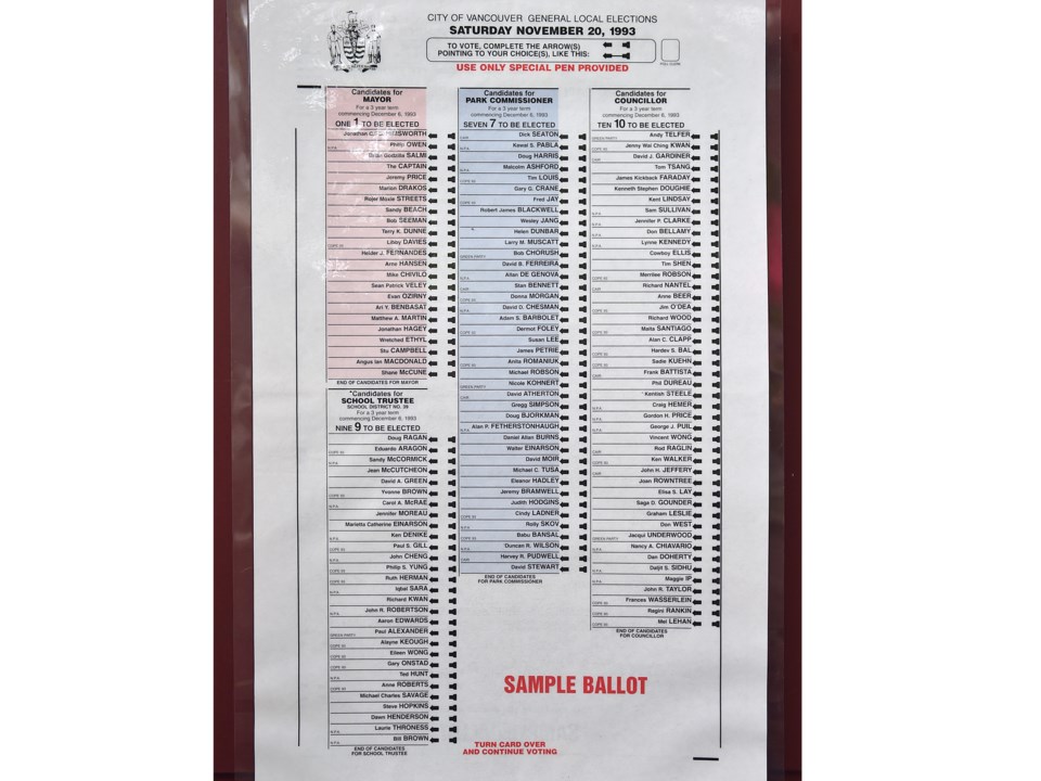 The sample ballot fro mthe 1993 Vancouver election.