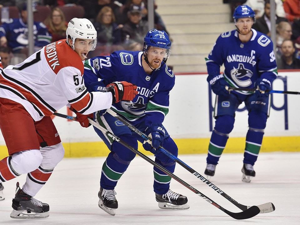 Daniel and Henrik Sedin skate against the Carolina Hurricanes.