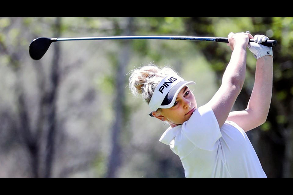 Georgia Miller eyes her tee shot at Kamloops Golf and Country Club in the summer of 2018, long before sliced pool noodles and social distancing were observed on local tracks.