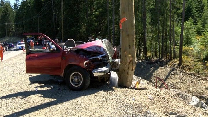 A truck struck a utility pole on the Malahat around 3 p.m. Saturday, June 16, 2018.