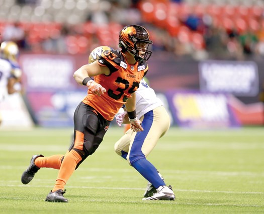 North Vancouver’s Mitch Barnett (shown here) and Dominique Termansen both made their BC Lions debuts Saturday at BC Place. The former high school stars have taken similar journeys to this point, going head-to-head in the famous Buchanan Bowl before uniting to win a national title with the UBC Thunderbirds. photo Jeff Vinnick/BC Lions