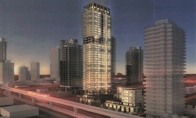 Artist rendering of the view along North Road of Amacon's proposed 41-storey residential tower and six-storey rental building in Burquitlam,