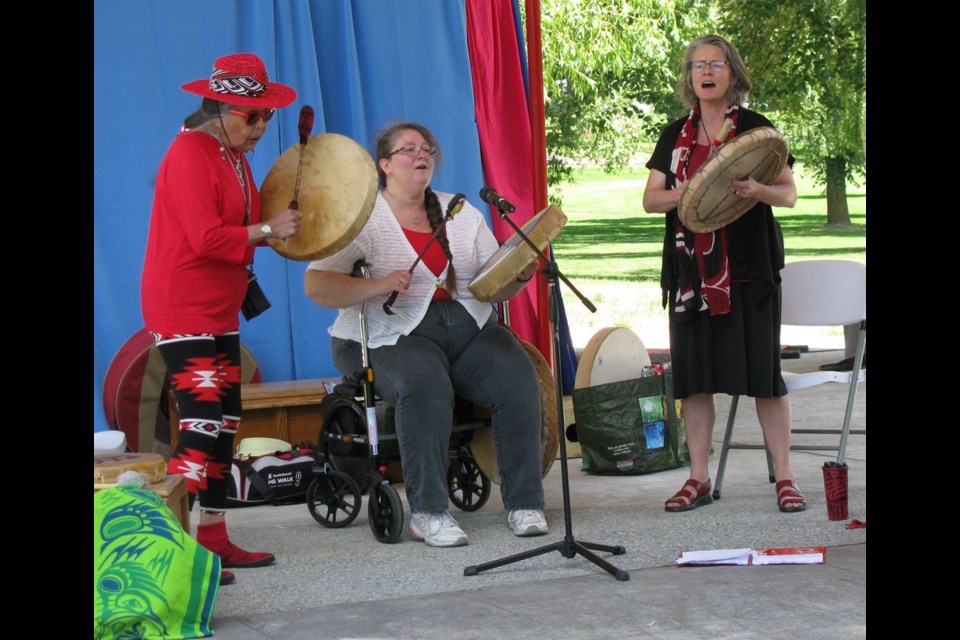 Loretta Adams, Ann Bozoki and Margo Parkes are The Khast'an Drummers who shared their cultural knowledge and music with guests at the Lhedli T'enneh Memorial Park Saturday during the celebrations held for the opening of the pavilion that symbolizes a partnership between the City of Prince George and the Lheidli T'enneh First Nation.