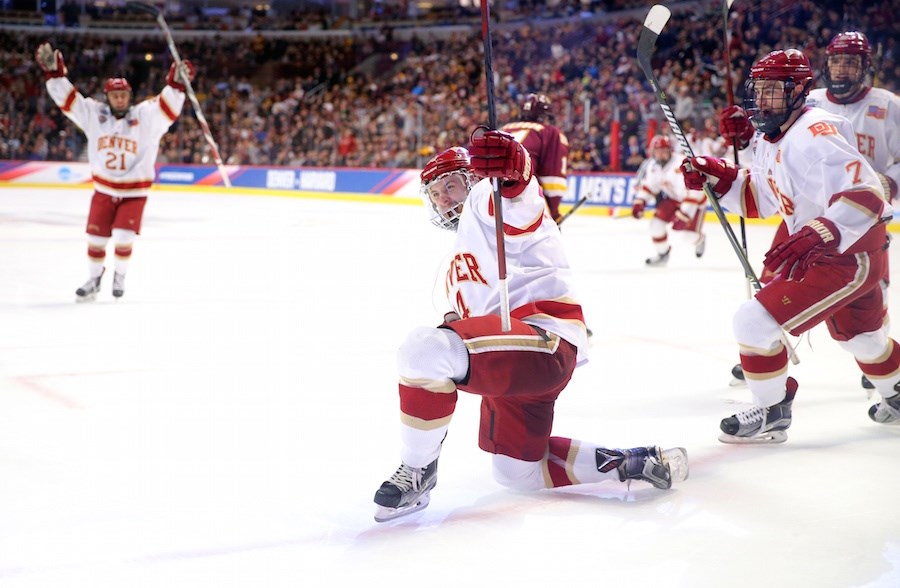 Jarid Lukosevicius celebrates his hat trick goal in the 2017 NCAA Championships.