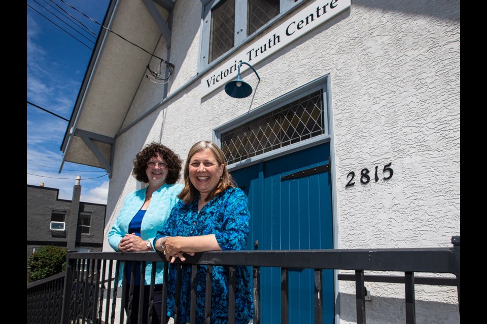 Victoria Truth Centre members Gloria Hallihan, left, and Linda Cain at the church's new home, 2815 Cedar Hill Rd.