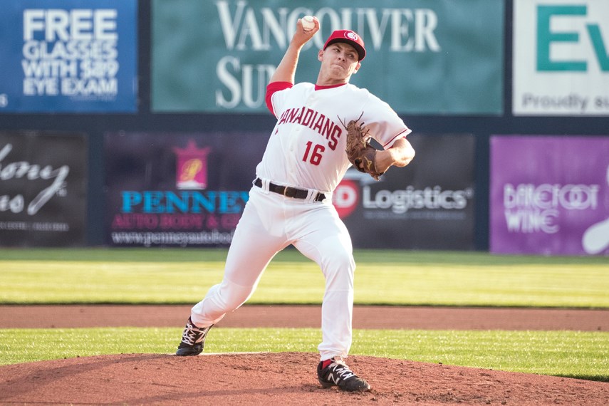 North Van’s Will McAffer makes his home debut with the Vancouver Canadians June 20. McAffer, a former star pitcher with the North Shore Twins, was drafted by the Toronto Blue Jays earlier this month and sent to the Canadians for his first professional stint. photo Mark Steffens/Fotoguy Photography