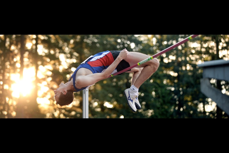 New Westminster-born and defending Canadian men’s high jump champion Mike Mason clears 2.21 metres at the Harry Jerome International Track Classic at Burnaby’s Swangard Stadium.