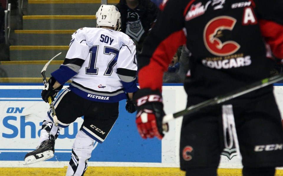 Tyler Soy celebrates a goal for the Victoria Royals