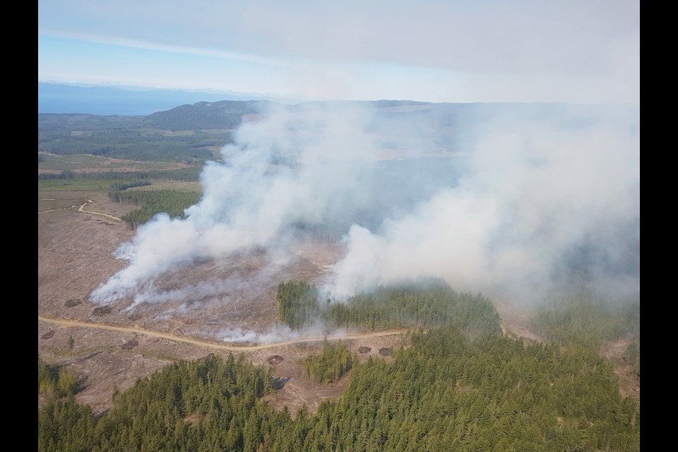 The Tugwell Creek wildfire, about 18 kilometres northwest of Sooke, is considered out of control with only 10 per cent contained.