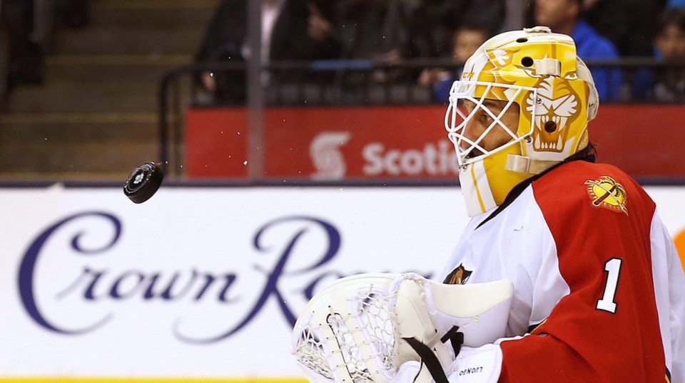 Roberto Luongo staring down a puck with the Florida Panthers