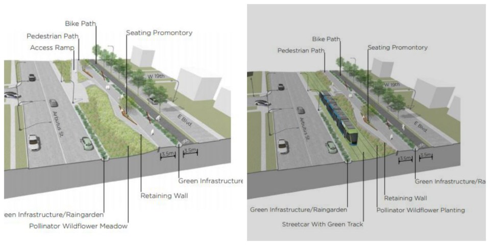 Left: Pre-streetcar 3D model of The Ridge, zone three. Right: Post-streetcar 3D model of zone three.