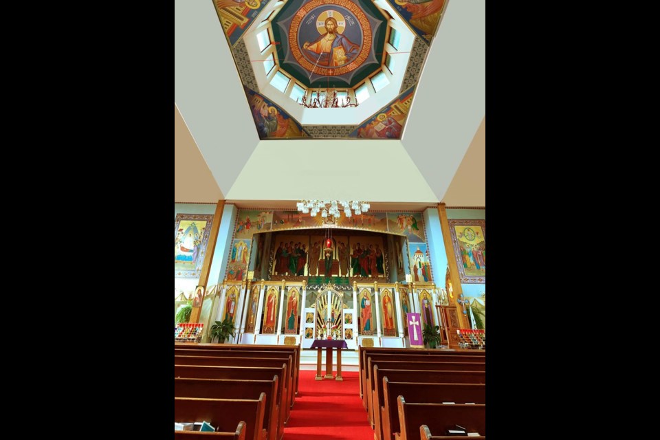A concept image of the Byzantine iconography art being painted on the dome of Holy Eucharist Cathedral. artists with the Saint Cyprian Association of Iconographers in Ukraine recently visited New Westminster, where they painted the dome in Holy Eucharist Cathedral in the traditional style of Byzantine iconography