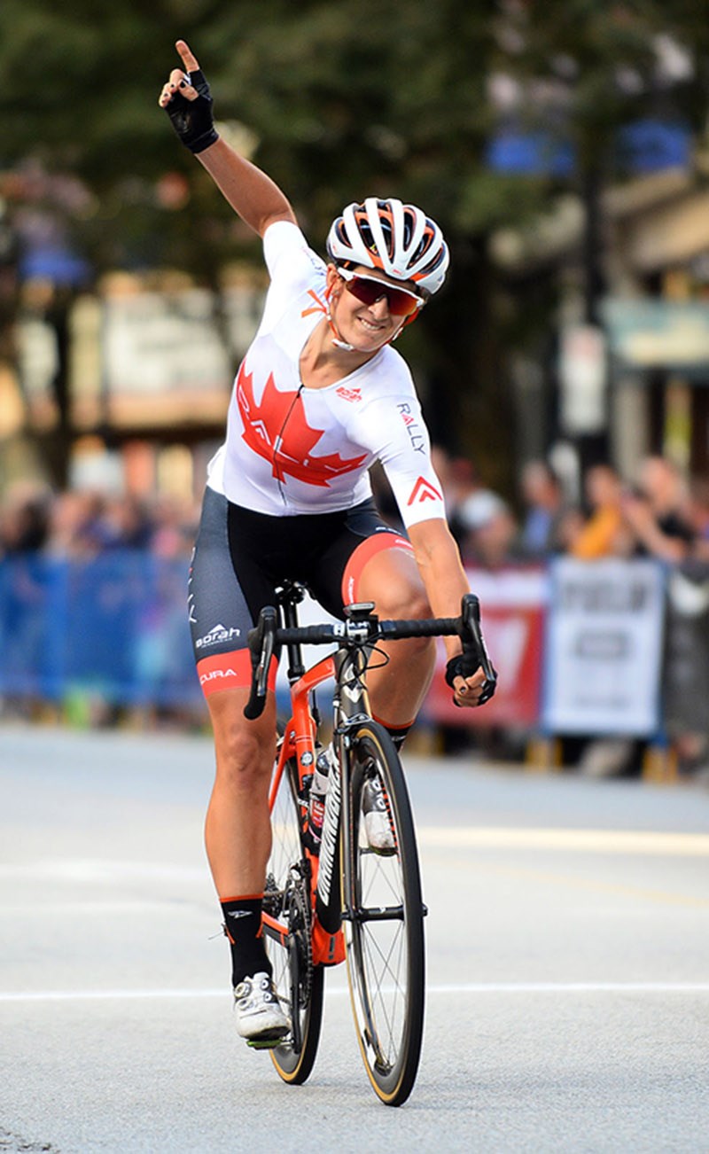 Sara Bergen of Coquitlam celebrates winning the New Westminster Grand Prix.