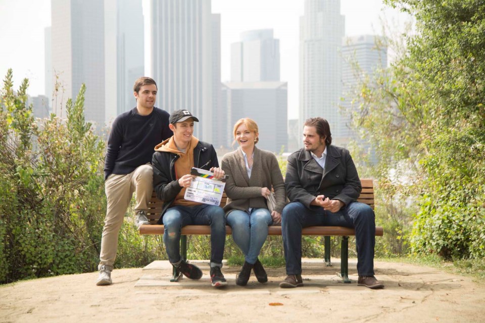 Boris Bilic (in cap) on the set of his short film No Surprises, with, from left, producer Jordan Iacovella, actress Audi Finn and actor Ben Fisher.