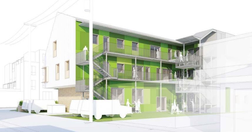 A perspective of the proposed cohousing lite complex. The view is of the courtyard from the lane. Re