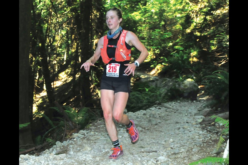 Darbykai Standrick pushes the pace on her way to victory in the 30th running of the 30-mile Knee Knacker trail race across the North Shore mountains Saturday. photo Paul McGrath, North Shore News