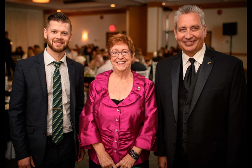 UNBC Alumni Council President Andrew Seabrook, UNBC Distinguished Alumni Award winner Helen Domshy and UNBC President Dr. Daniel Weeks.