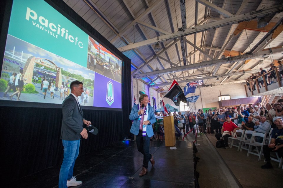 Team co-owner Rob Friend, left, and Langford Mayor Stew Young during the unveiling of Victoria's new Canadian Premier League soccer team on Friday, July 20, 2018.