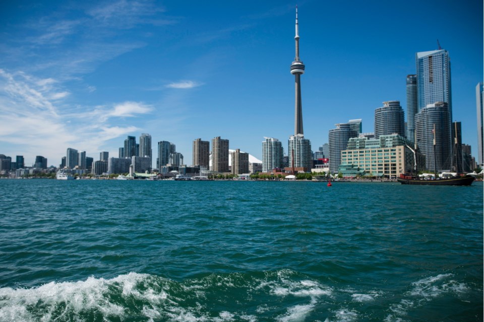 The Toronto skyline is photographed from the Hanlan's Point Ferry as it travels towards Toronto Island on Thursday, June 21, 2018.
