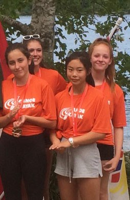 New Westminster's Lauren Ko, and Sara Pollard, third and fourth from the left, celebrate their medals in kayaking at the B.C. Summer Games.