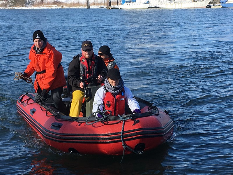 Navy League of Canada cadets and Adventure Marine test out the company's propeller guards.