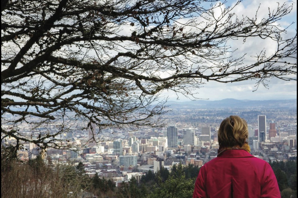 Portland skyline from Pittock Mansion, 3229 N.W. Pittock Dr.: In foreground is Forest Park, which features a sprawling trail network.