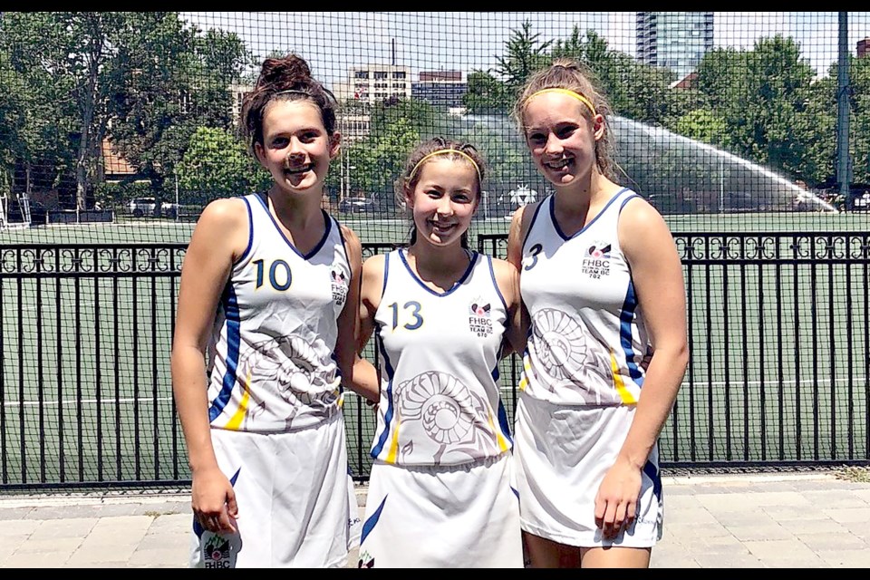 Falcon Field Hockey Club players (left to right) Tessa Everett, Taylor Katsube and Natalie Anderson helped the B.C. Rams win gold at the U15 level at last month's Canadian Championships in Toronto.