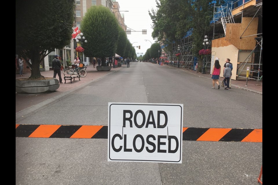 Government Street, between Fort and Yates streets, will be closed to vehicles on Sundays from noon to 5 p.m. until mid-September. On the first day of the pilot project, very few people ventured onto the roadway.