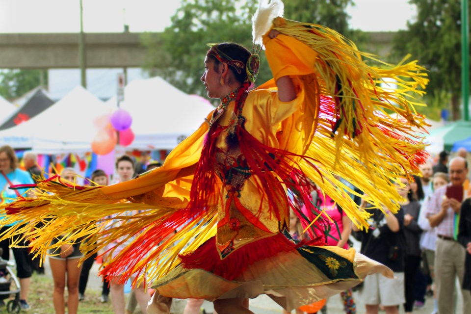 Fancy dancer Shyama-Priya in her regalia entertained at Pride Festival in Burnaby.