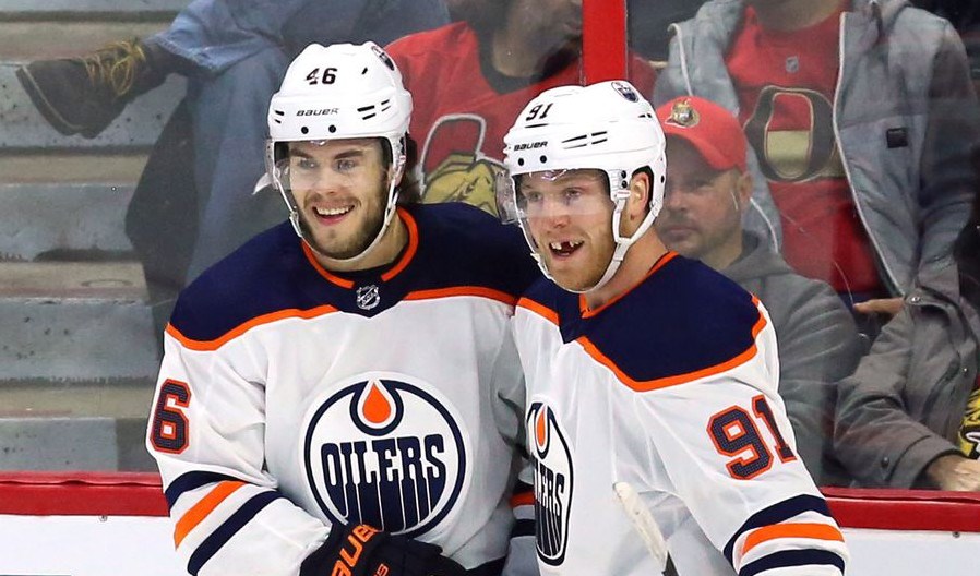 Pontus Aberg with Drake Caggiula for the Edmonton Oilers.