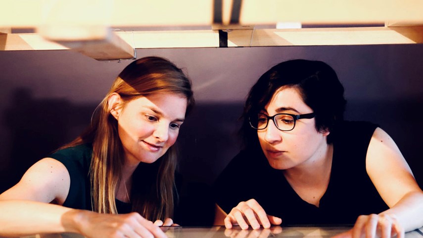 Elizabeth Beecherl and Carla Patullo working on Trick Studio's multiplane camera.